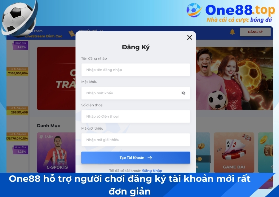 One88 hỗ trợ người chơi đăng ký tài khoản mới rất đơn giản